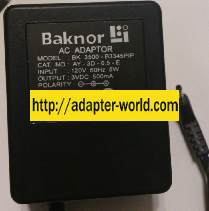 BAKNOR BK 3500-B3345PIP AC ADAPTER 3VDC 500mA NEW 1x2.2x9.7mm